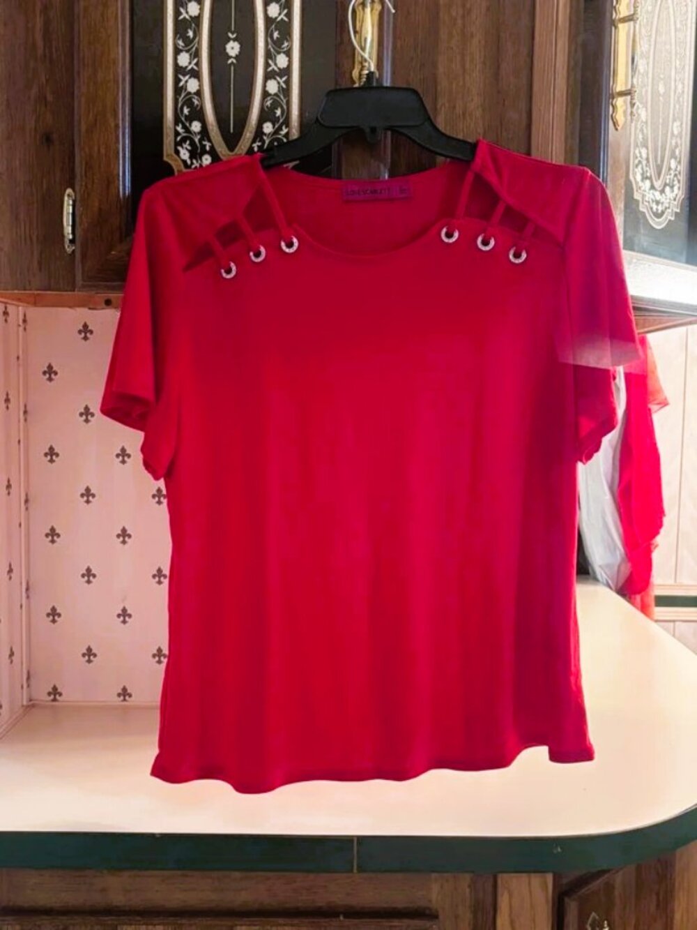 LOVE SCARLETT WOMEN'S RED BLOUSE WITH SILVER EYELETS SIZE XL